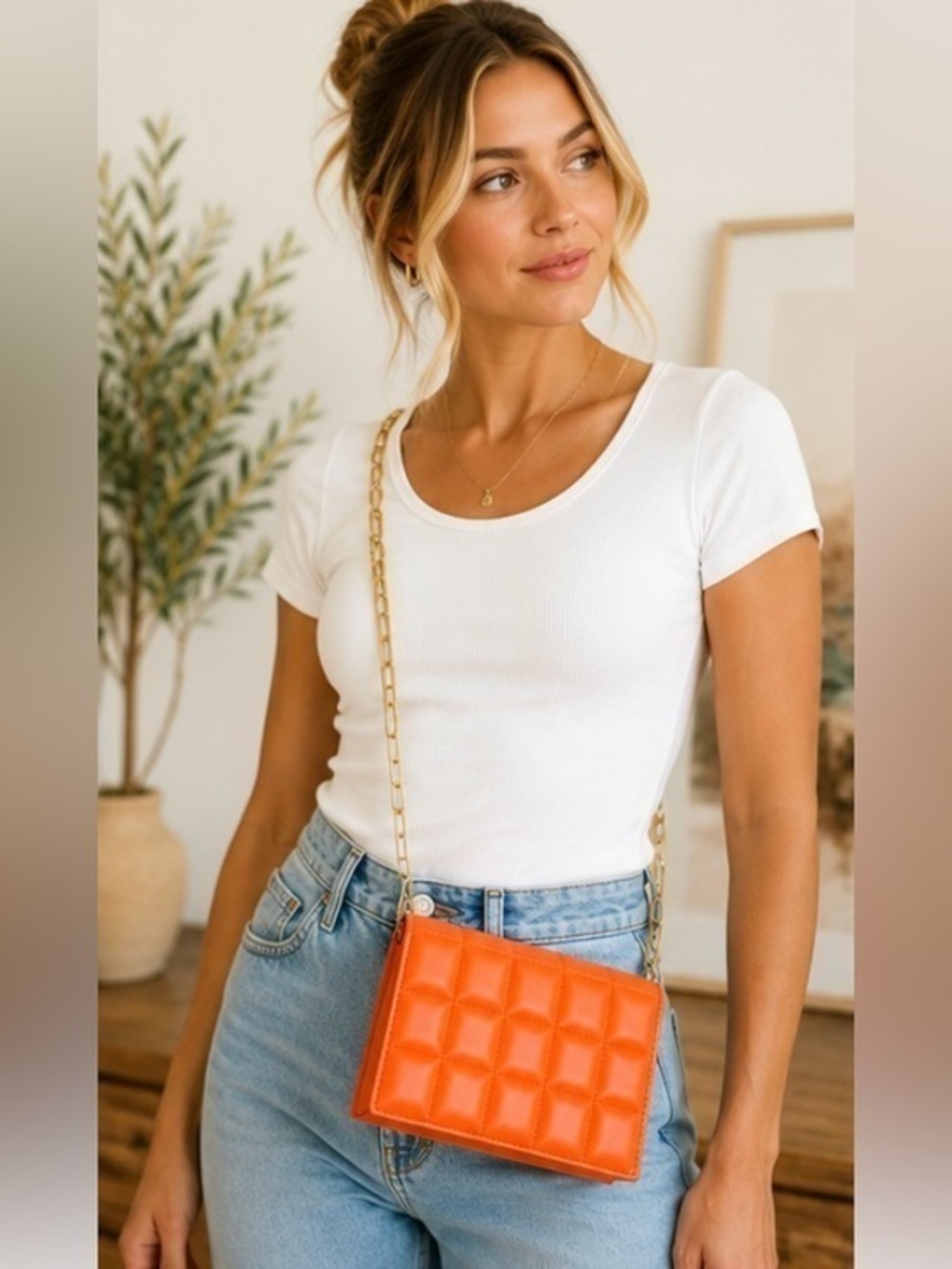 Quilted Neon Orange Crossbody Bag Gold Paperclip Chain Purse Statement Handbag